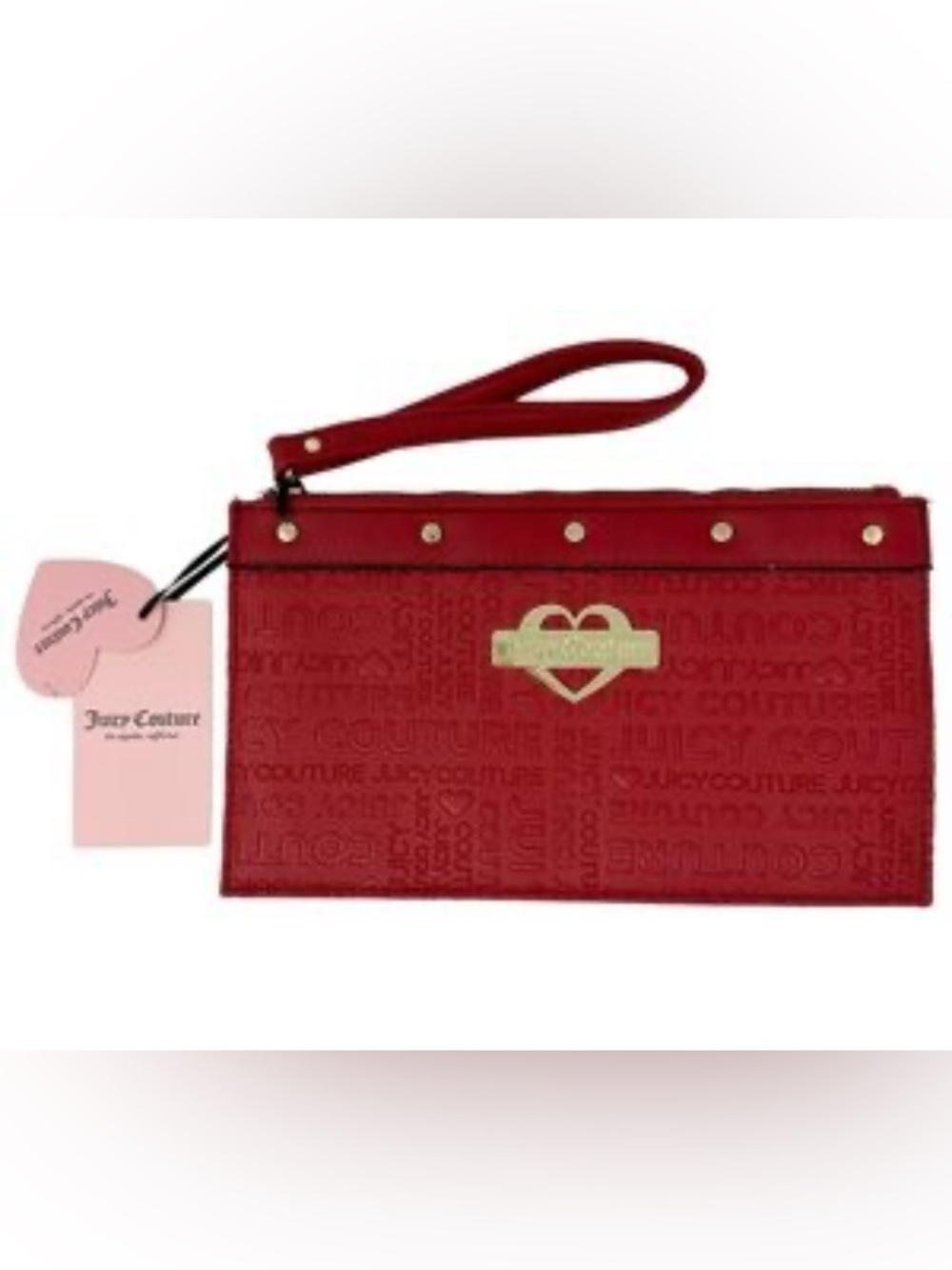Juicy Couture Red Embossed Logo Wristlet with Gold Heart Plaque